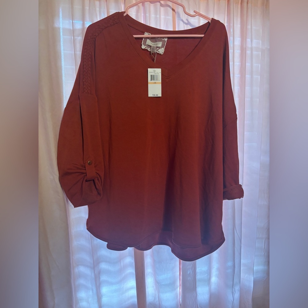 Cupio Rust V-Neck Roll-Tab Sleeve Tunic NWT